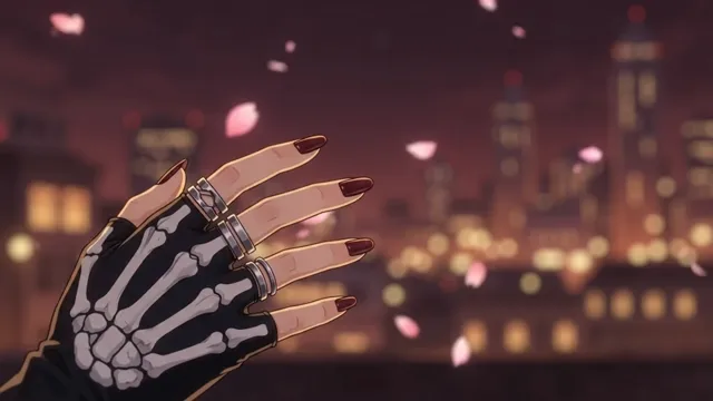 Smirk, city crane-up, camera whip down her side, a hand catching a petal.