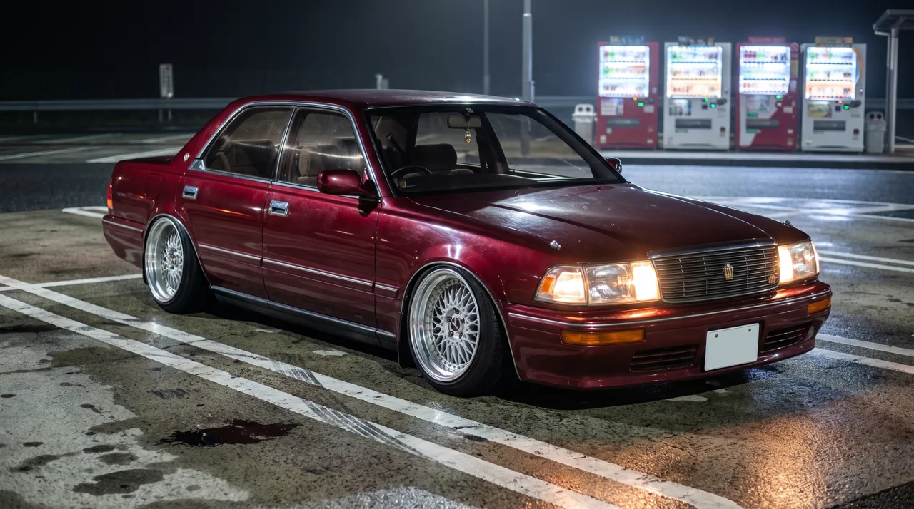 Five steps, one change each: a slammed 1989 Crown in burgundy → darker, mirror gloss → chrome lattice VIP wheels → kabuki-style lines → pearl white and gold on gloss black.