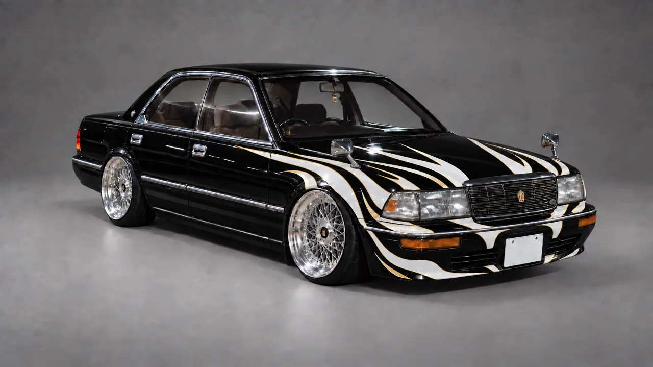 Five steps, one change each: a slammed 1989 Crown in burgundy → darker, mirror gloss → chrome lattice VIP wheels → kabuki-style lines → pearl white and gold on gloss black.
