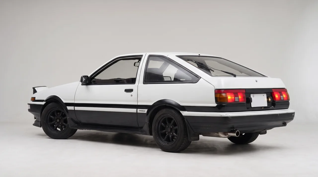 Front and rear three-quarter on a grey studio floor: panda paint, pop-ups up, black wheels, blank plates.