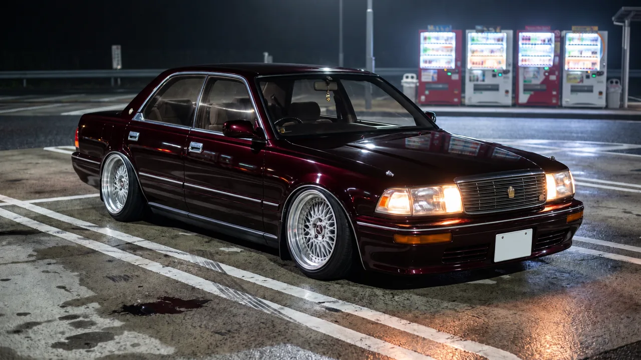 Five steps, one change each: a slammed 1989 Crown in burgundy → darker, mirror gloss → chrome lattice VIP wheels → kabuki-style lines → pearl white and gold on gloss black.