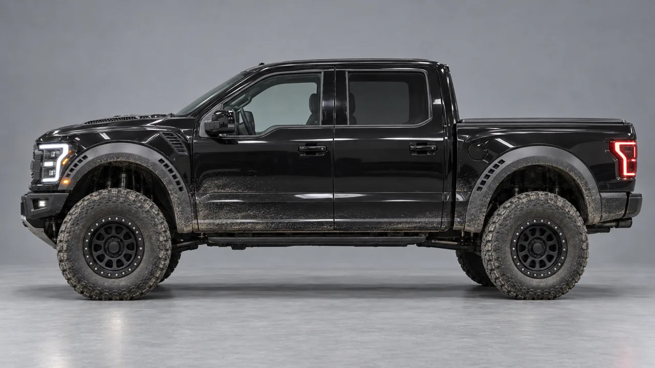 Front three-quarter, rear three-quarter and profile: the three truck references of the final take.