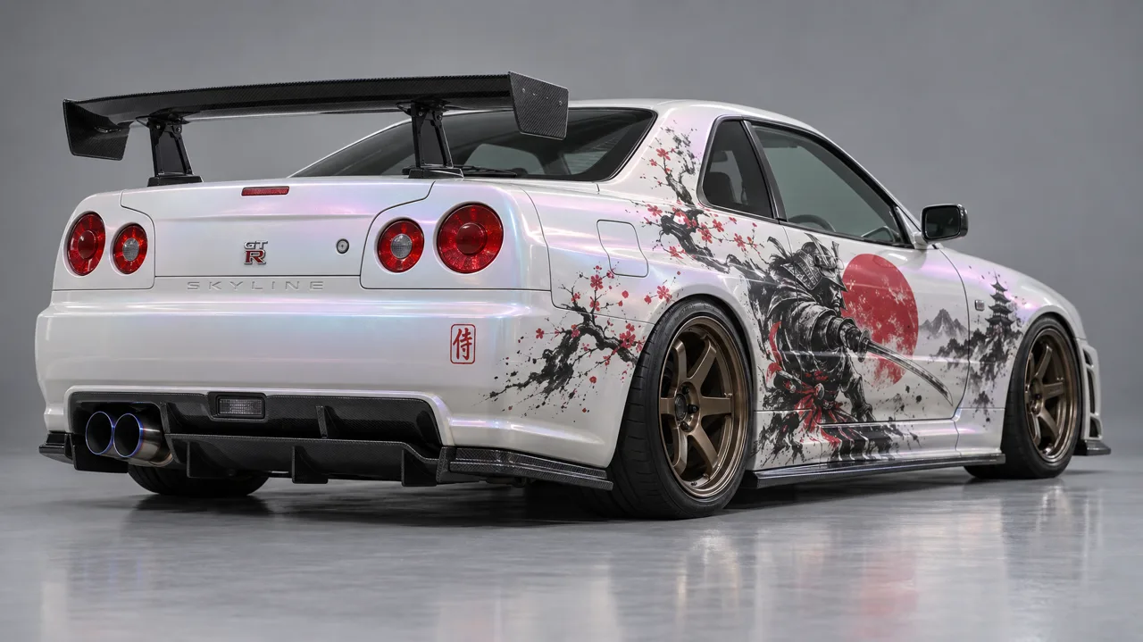 Two variants from one prompt: pearl paint flipping pink and ice blue, a sumi-e samurai with katana, red rising sun and cherry blossoms, bronze wheels. Variant A went into the clip.