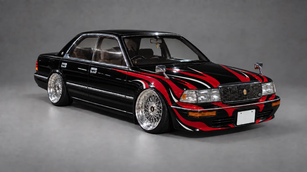 Five steps, one change each: a slammed 1989 Crown in burgundy → darker, mirror gloss → chrome lattice VIP wheels → kabuki-style lines → pearl white and gold on gloss black.