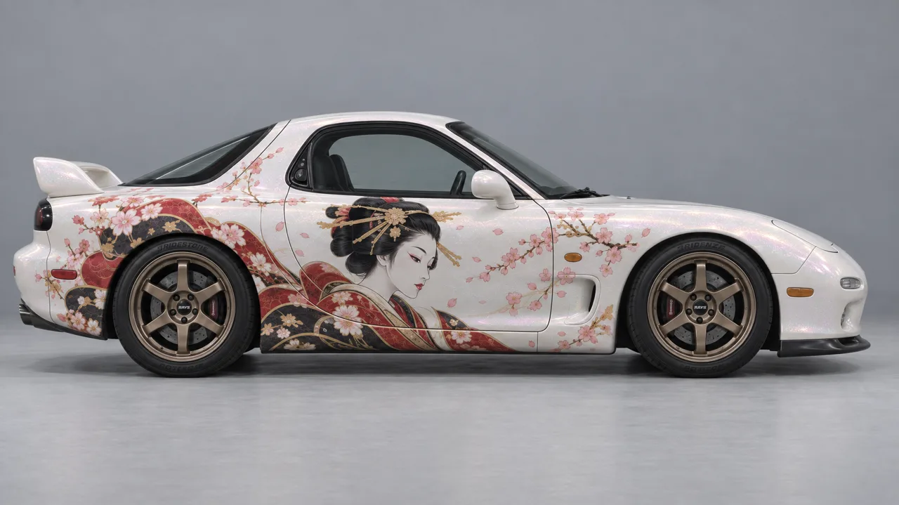 Four views on a grey backdrop: closed, pop-ups up and on, the geisha side, the rear with four round lamps. Pearl paint with a pink-gold flake, bronze six-spoke wheels.