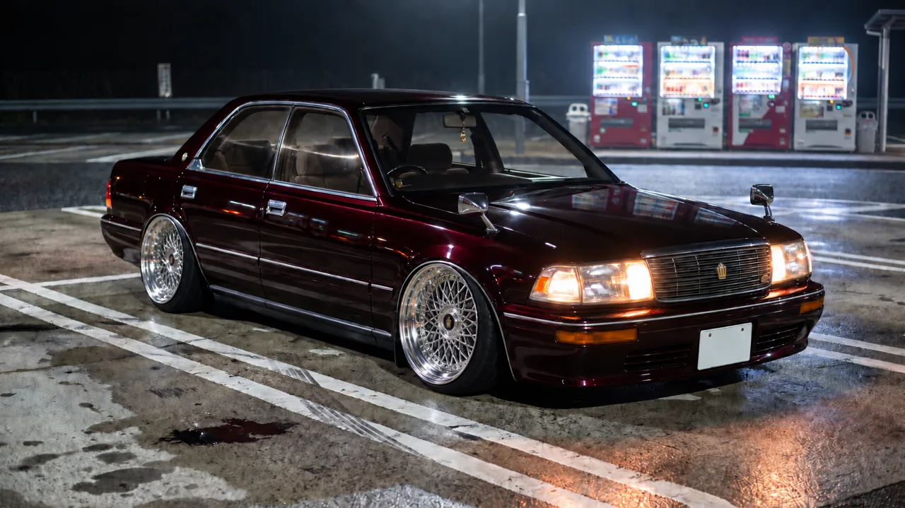 Five steps, one change each: a slammed 1989 Crown in burgundy → darker, mirror gloss → chrome lattice VIP wheels → kabuki-style lines → pearl white and gold on gloss black.