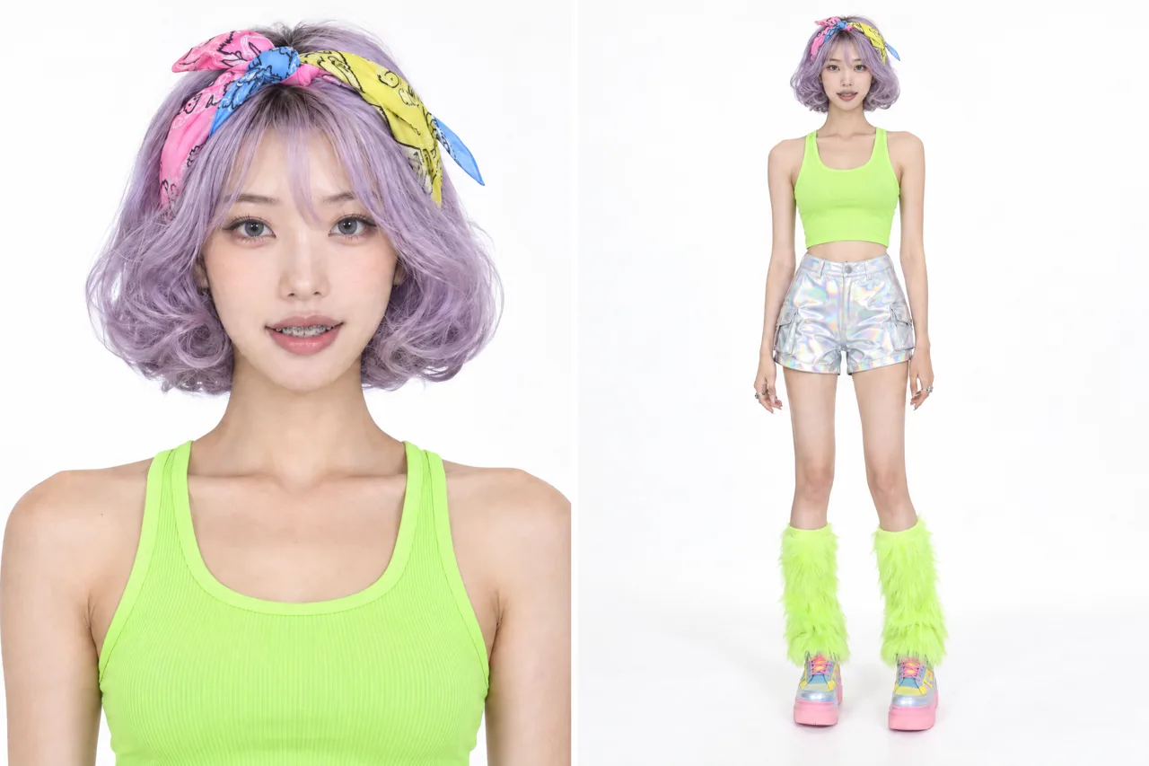 From the first draft to the saved Yuki: pink hair turns lavender, the bandana arrives, the mesh top becomes a lime tank. Each step is one edit in the builder.