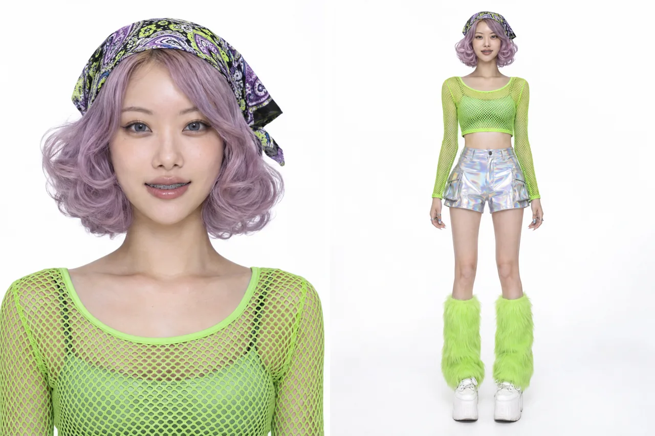 From the first draft to the saved Yuki: pink hair turns lavender, the bandana arrives, the mesh top becomes a lime tank. Each step is one edit in the builder.