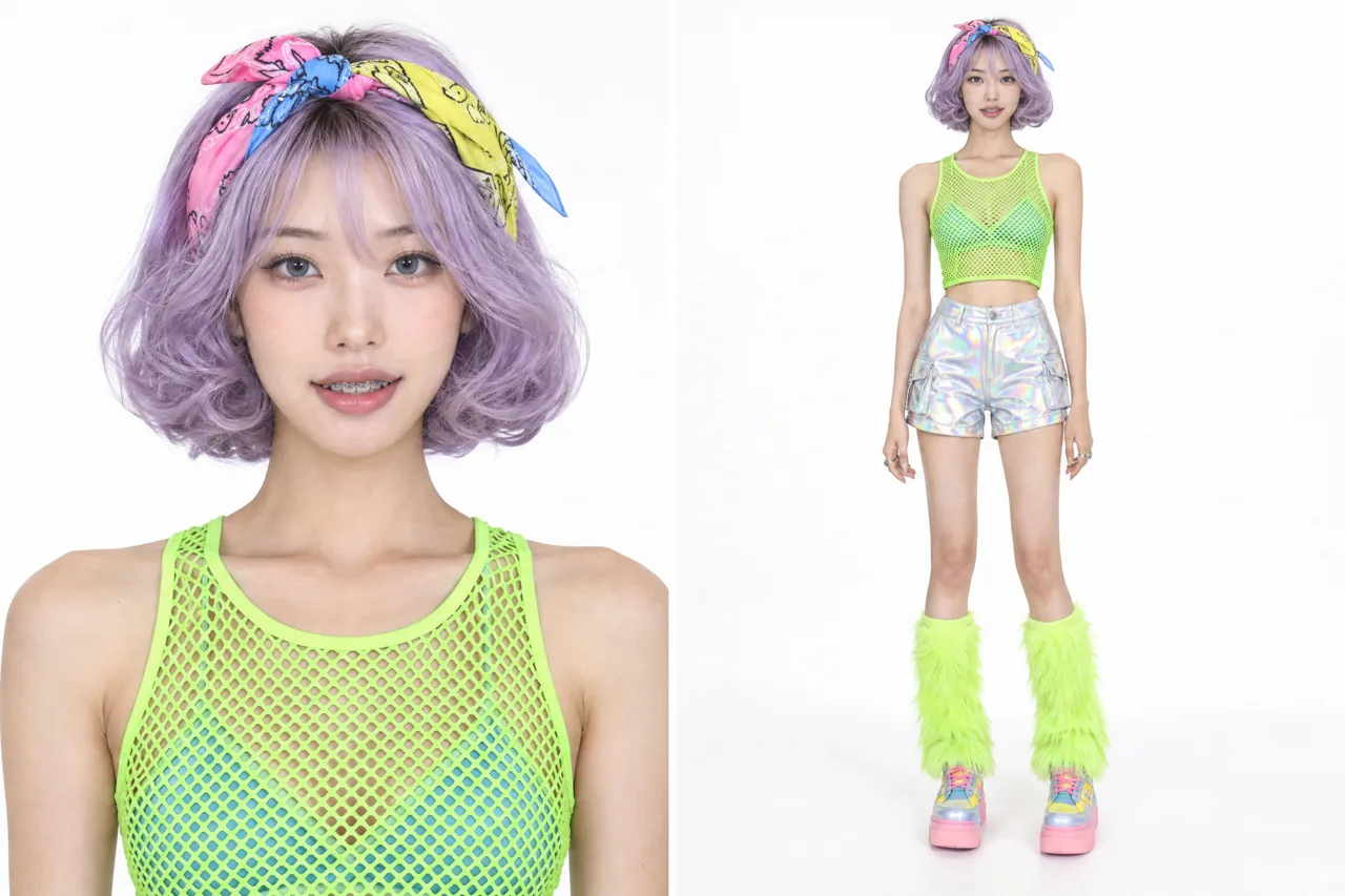 From the first draft to the saved Yuki: pink hair turns lavender, the bandana arrives, the mesh top becomes a lime tank. Each step is one edit in the builder.