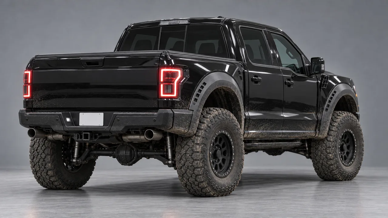 Front three-quarter, rear three-quarter and profile: the three truck references of the final take.