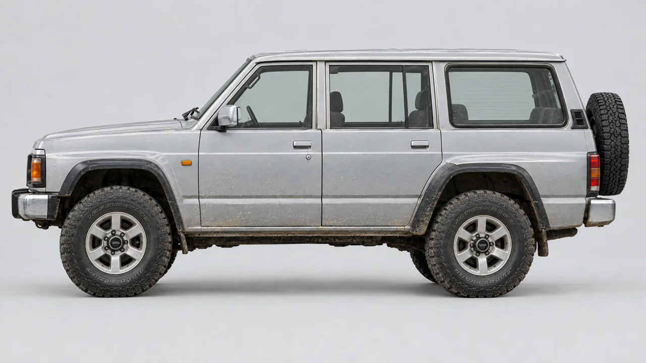 Five-door Y60, pale silver, round headlamps, chrome bumper, spare wheel on the rear door.