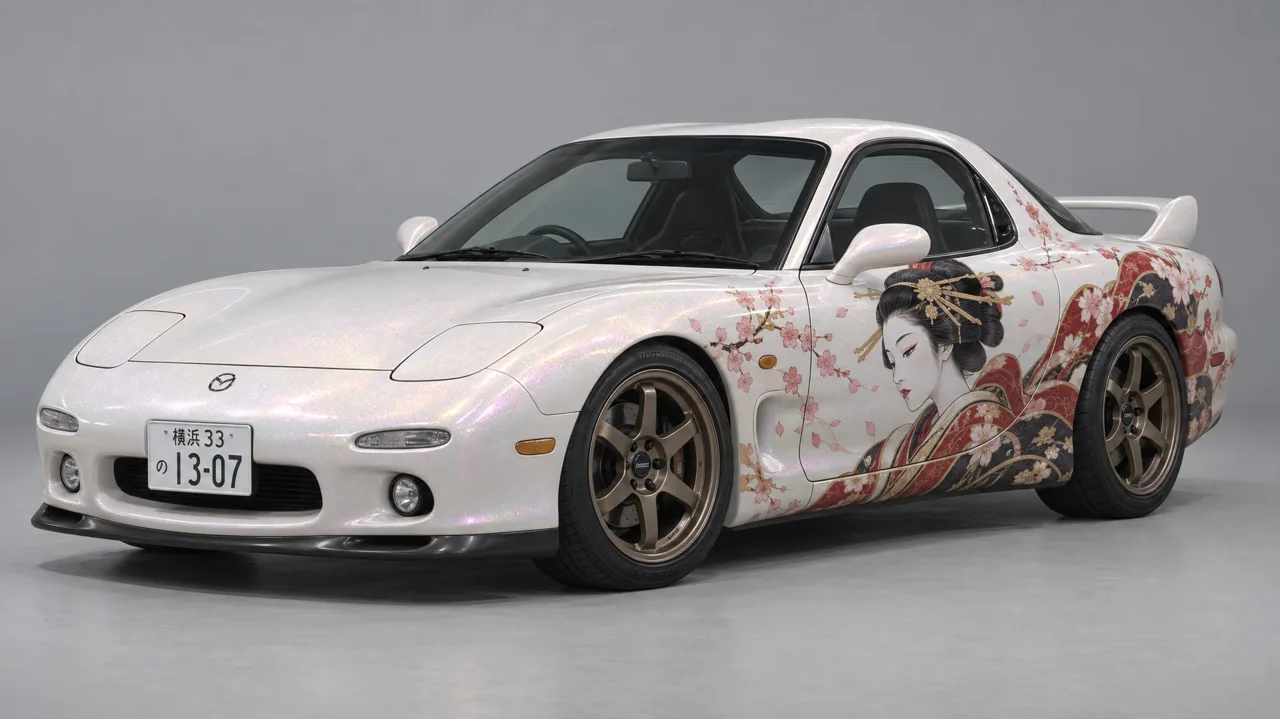 Four views on a grey backdrop: closed, pop-ups up and on, the geisha side, the rear with four round lamps. Pearl paint with a pink-gold flake, bronze six-spoke wheels.