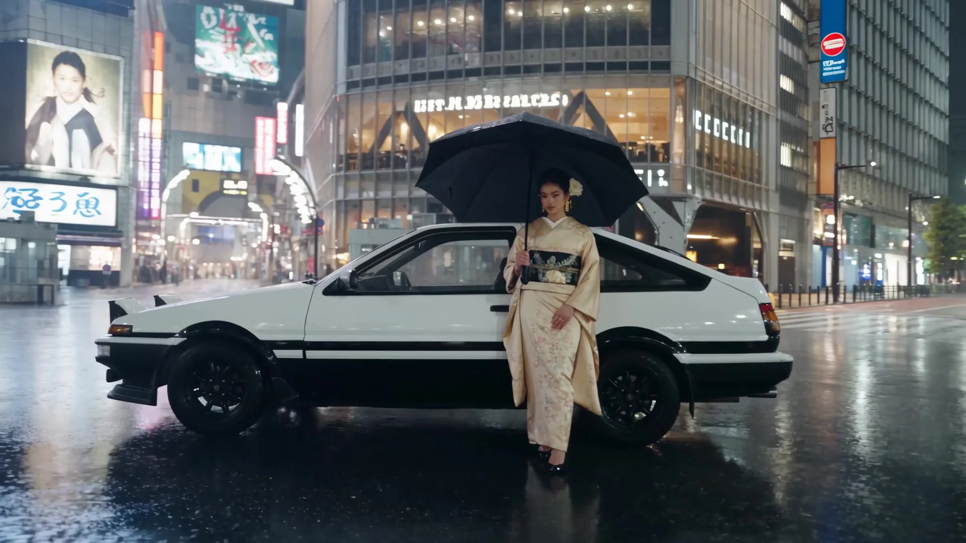 Before and after the grade: deeper blacks, cooler shadows, the neon and her kimono stay warm.
