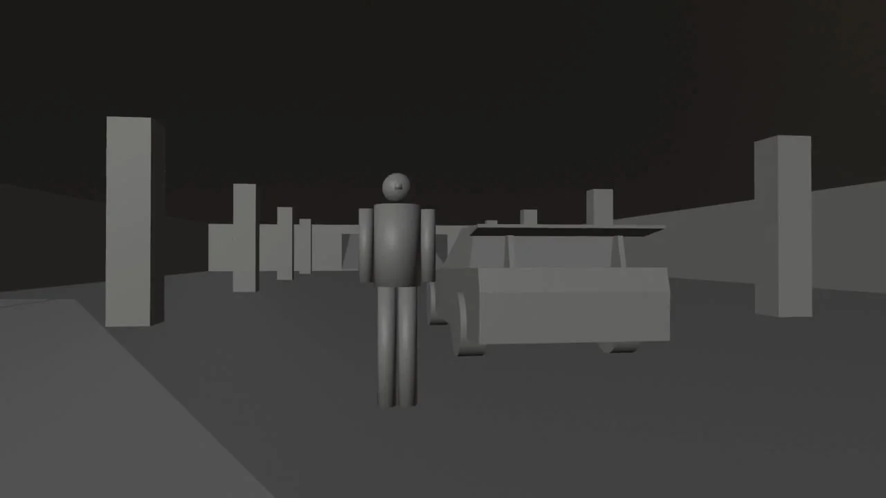 Blockout → final: she walks toward the lens, the R34's tail behind her. The camera, her path and the car's place come from the blockout; the car park, the lights and her outfit come from words.