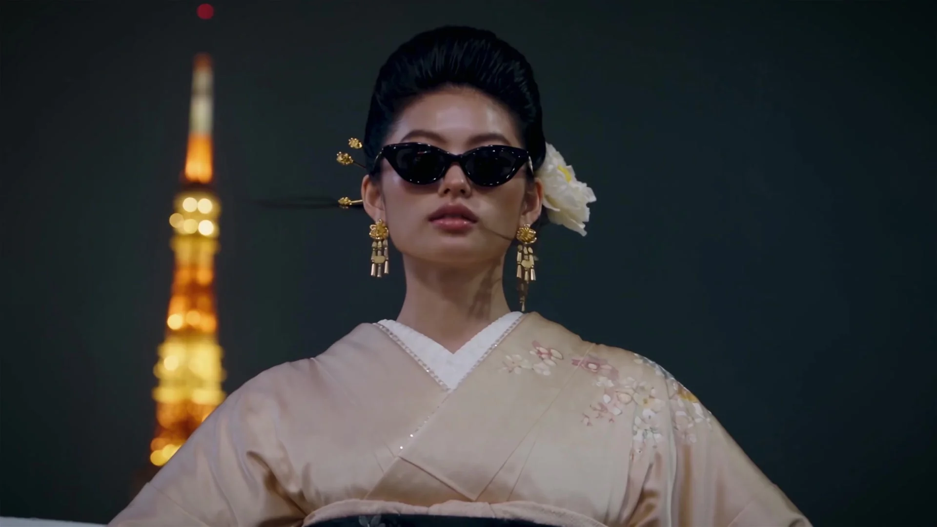 Blockout → final under Tokyo Tower: the camera, her place and the tower on the left come from Blender; the face, the sunglasses and the night come from words.