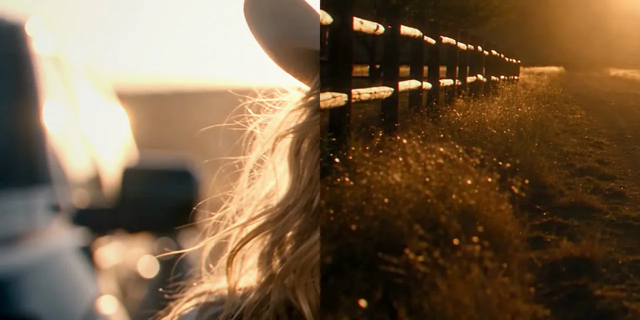 4K crops from the frame edges: headlamp bokeh beside her hair, and glints in the grass turned into round discs.