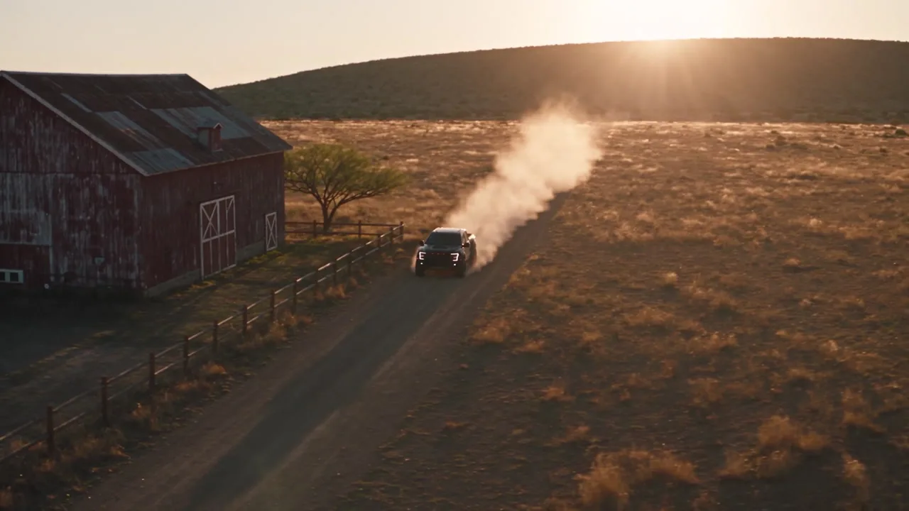 Shot 1, drone wide. The barn, the fence line and the road come from the blockout; the dust plume, the light and the prairie come from words.