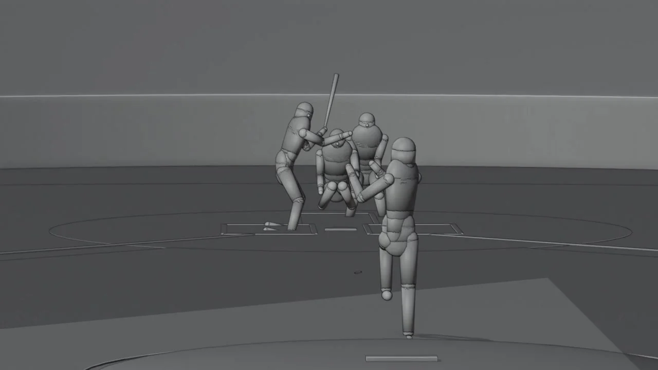 Shot 1, the pitch. Honest note: this blockout was refitted to the finished clip afterwards; the one used for the render was cruder.
