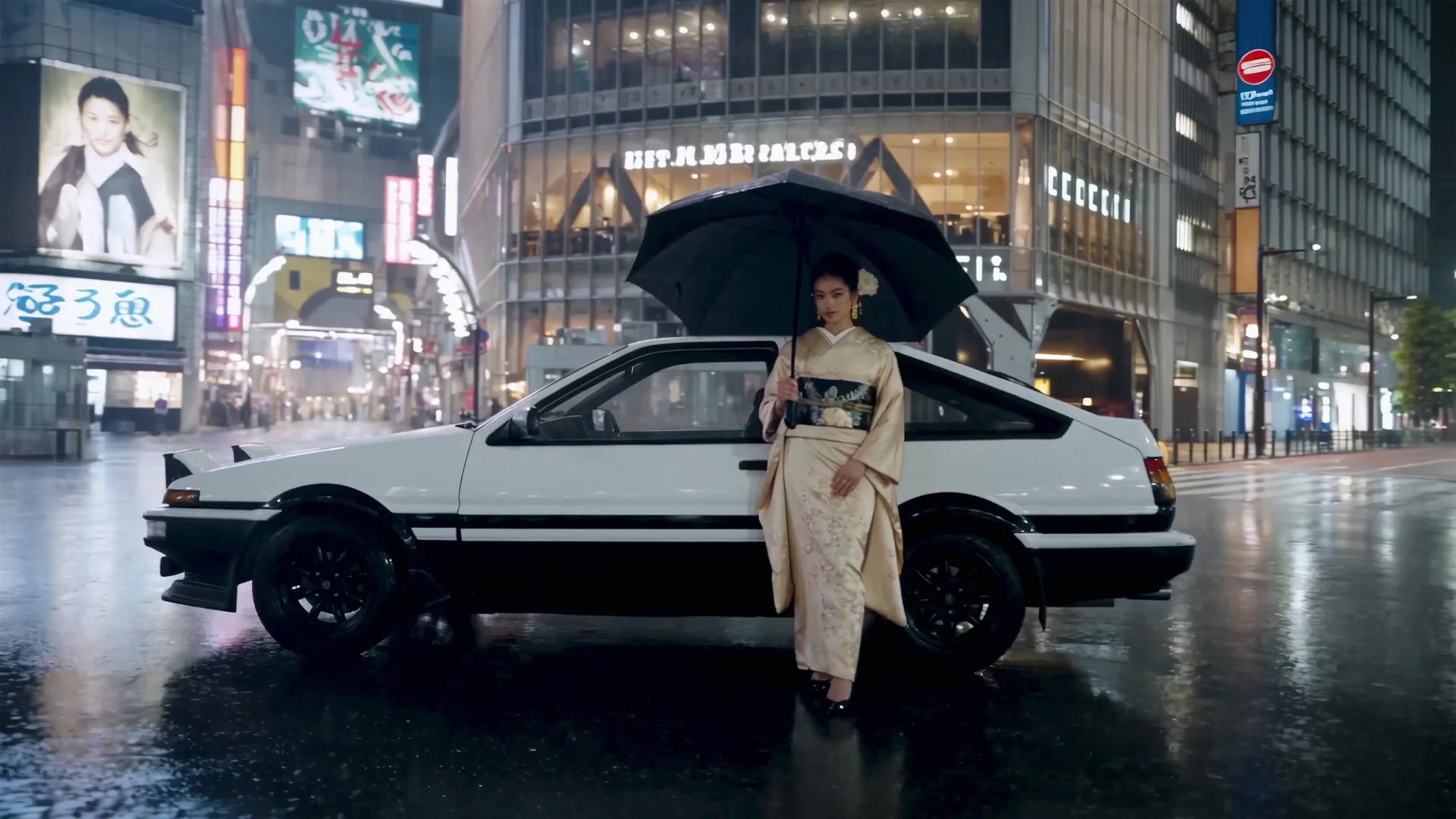 Before and after the grade: deeper blacks, cooler shadows, the neon and her kimono stay warm.