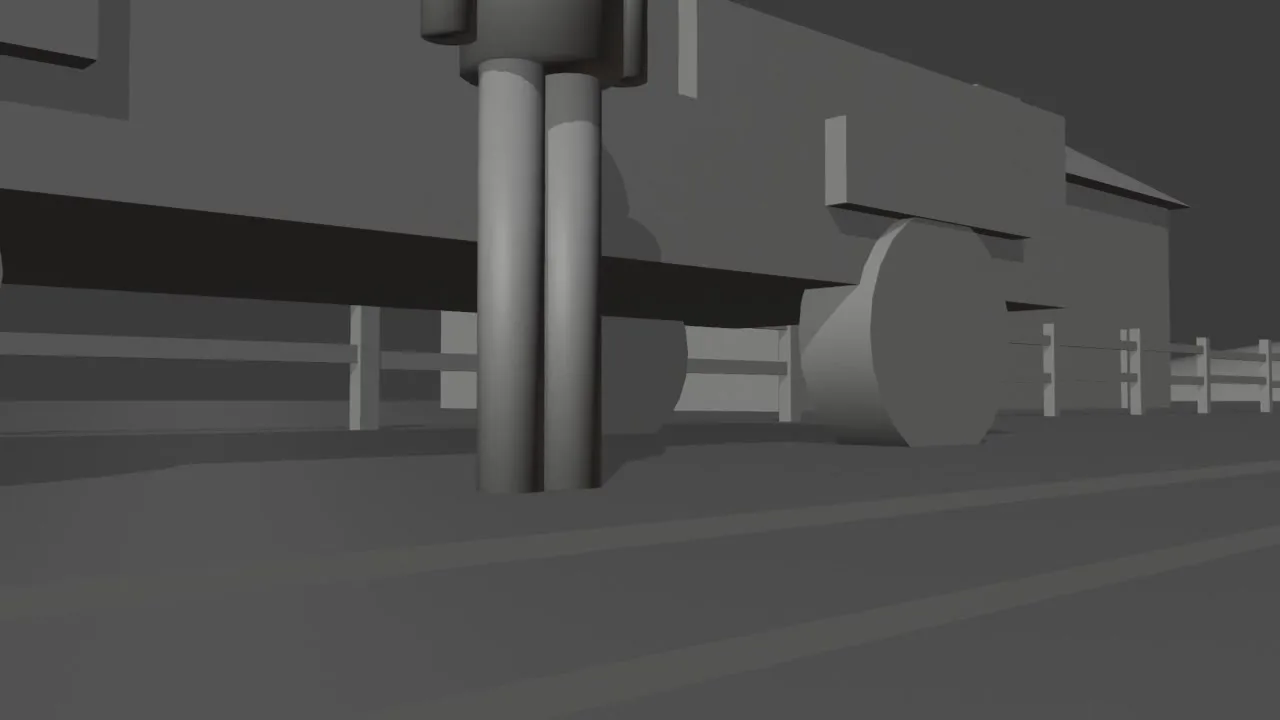 Shot 3, a ground-level camera at 0.22 m. The stand-in only marks where her feet are; the open door and the dust puff are written in the prompt.