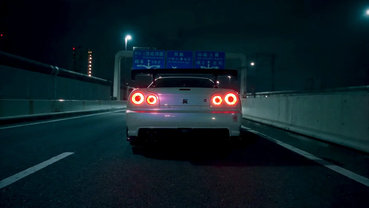 Before and after the grade: a teal night, deeper blacks, red halation around the four taillights, fine grain.