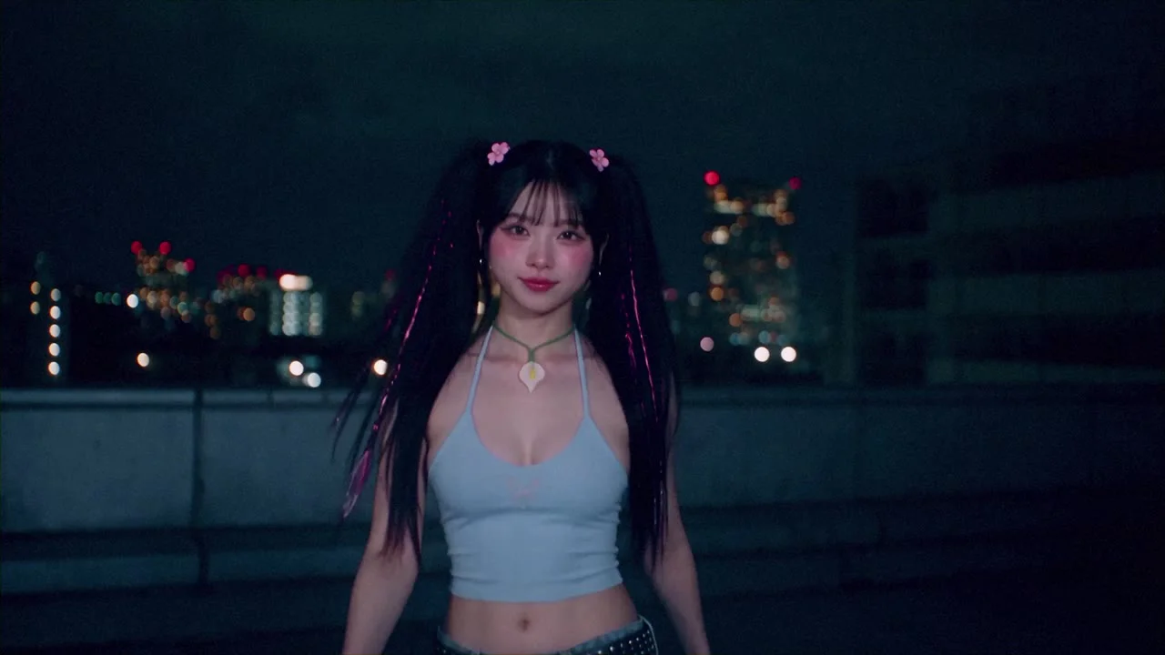 Blockout → final: she walks toward the lens on the rooftop. The camera and her path come from the blockout; the skyline, the night and her outfit come from words.