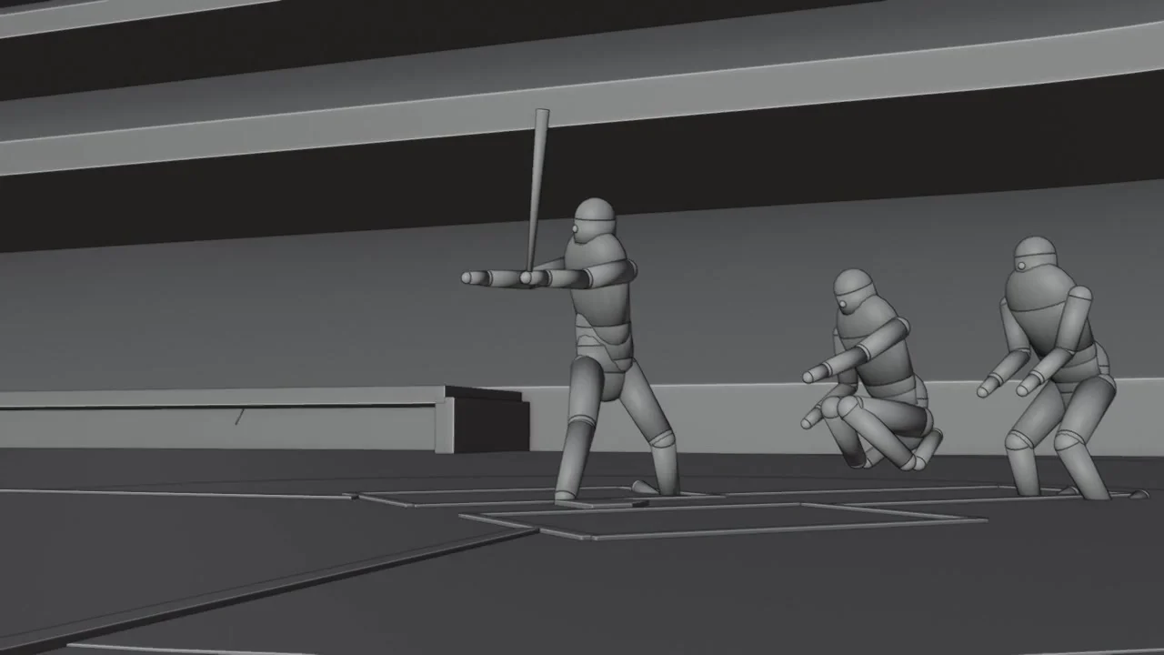 Shot 3, the swing. Blockout refitted to the finished clip after the render, not the exact input.