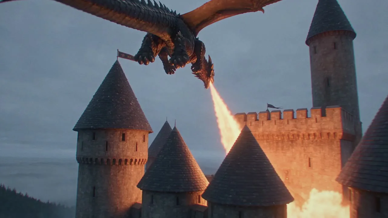 7.1 s — a wingless, legless body hovering over the gate becomes the dragon with four legs burning it.