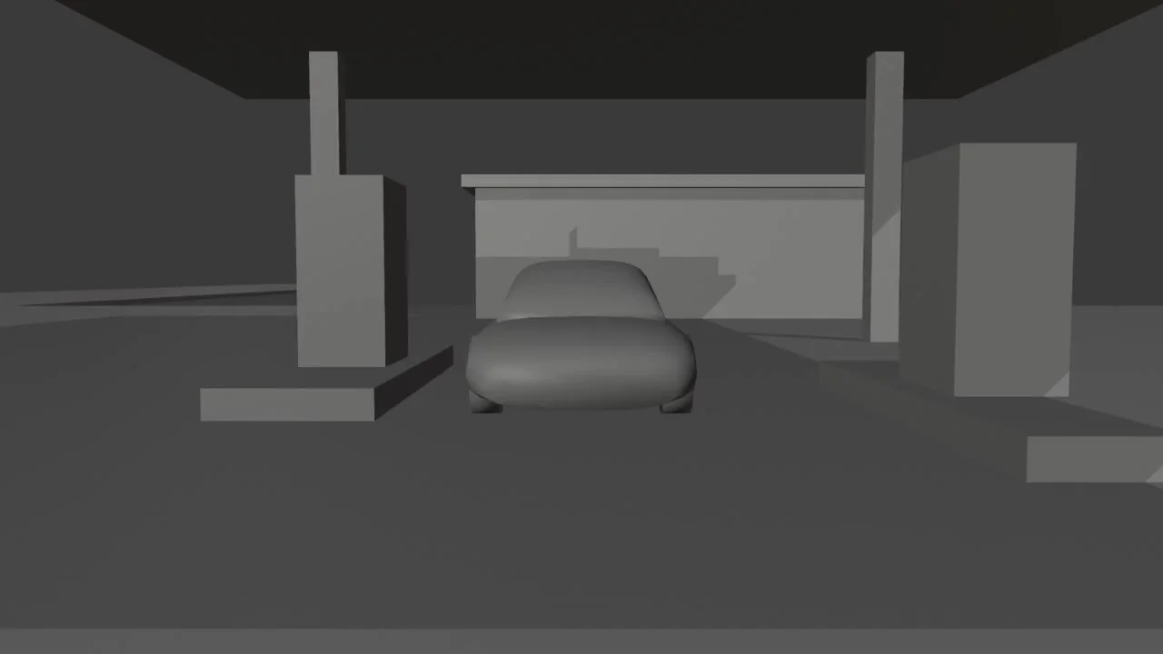 Head-on at the gas station, right after the drop. The blockout only gives the canopy and the camera; the pumps, the lamps and the raised headlights come from the prompt and the references.