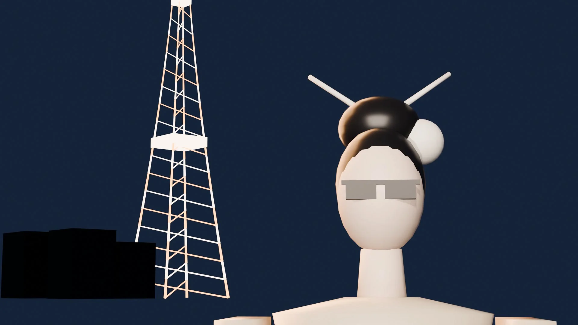 Blockout → final under Tokyo Tower: the camera, her place and the tower on the left come from Blender; the face, the sunglasses and the night come from words.