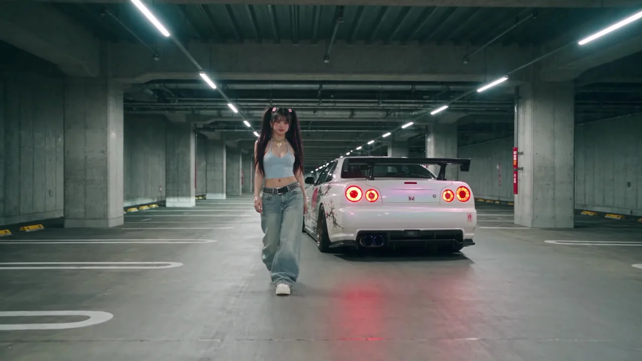 Blockout → final: she walks toward the lens, the R34's tail behind her. The camera, her path and the car's place come from the blockout; the car park, the lights and her outfit come from words.